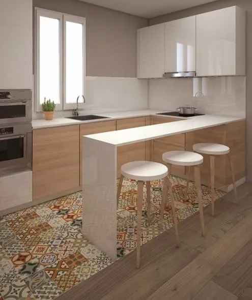 Cocina con barra y suelo hidráulico